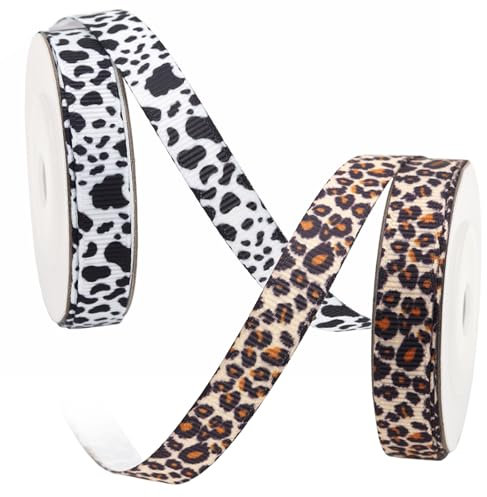 arrderly Leopardenmuster & Kuhmuster Satinband, 1 cm x 4,5 m, 2 Rollen, für Geschenke, Bastelarbeiten & Partys