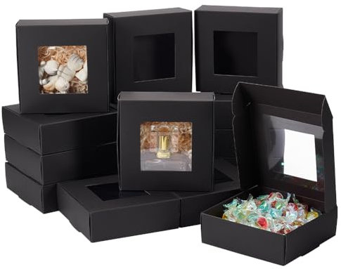 BENECREAT 16pcs Schwarzes Mini-Papier-Boxen, PVC-Fenster Geschenk-Boxen quadratische Geschenk-Boxen für Hochzeit Geschenk, Schokolade, Kekse und andere kleine Kunsthandwerk, 12.5x12x4cm