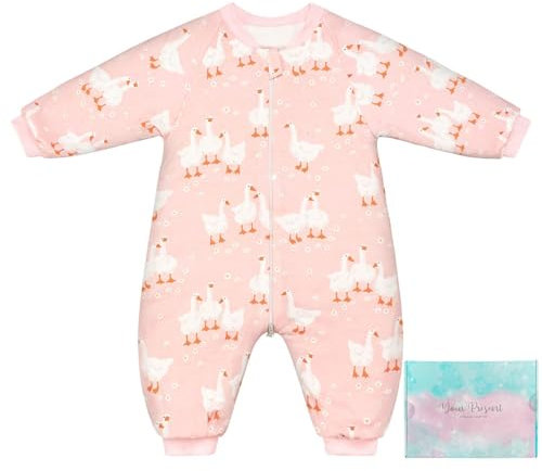 SIMYJOY Baby Sleeping Bag 1.5 Tog Toddler Sleeping Bag with Arms 100% Cotton Padded Baby Sleeping Bag with Legs 6-12 Months, Pink Duck