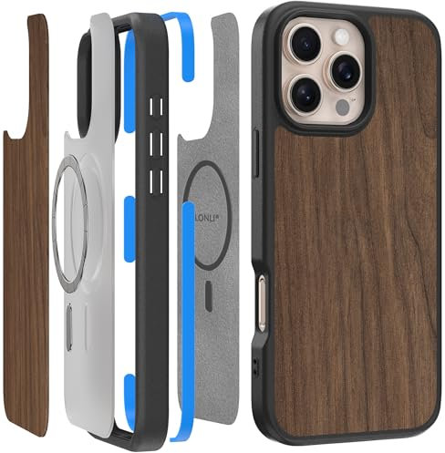 LONLI 2.0 - pour étui iPhone 16 Pro - La Coque de téléphone magnétique en Bois la Plus résistante - [Amortisseur de Chocs à 360°] - [Compatible avec Magsafe] - Bois de Noyer américain