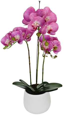 Elegant Large Triple Stem Purple Real Touch Artificial Potted Orchid (65cm) in Round White Ceramic Pot