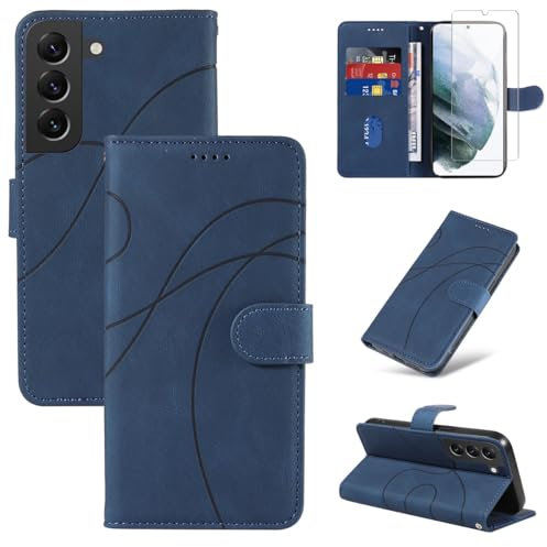 Reshias Cover per Samsung Galaxy S21 5G con 1 Pezzo Vetro Temperato Pellicola Protettiva, Pelle PU e Flip Custodia, Funzione Supporto e Portafoglio Caso (Blu)