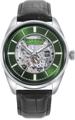 Reloj Automático Clásico de Hombre Ref. 401407-67, Caja de Acero con Cristal de Zafiro y Correa de Piel Negra, Esfera Verde Transparente - Elegancia y Tecnología
