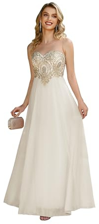 Misshow Robe de Mariée Grande Taille Longue Chic Col Rond sans Manches Robe cérémonie de Mariage élégant Ivoire 46