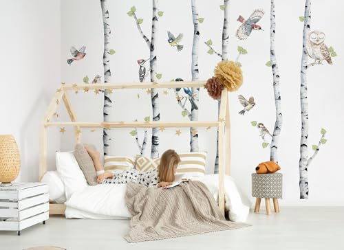 Osomhome | Wandtattoo Kinderzimmer Wanddeko Waldtiere I Wandsticker Jungenzimmer | Tapete Selbstklebend Wandbilder Jugendzimmer | Birken 260 cm und Vögel (Birken, XXL)