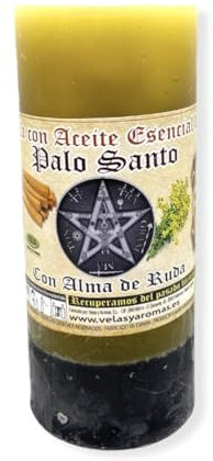 Velón Palo Santo con Alma de Ruda Eliminación Energías Negativas - Velas y Aromas - Aceites Esenciales - 60h duración 14x6cm - HOSTENATURA