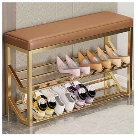 Schuhregal aus Metall im Industrie-Stil, Bank mit 2 Ablagen, goldfarben, beige, braun, Eingangsständer für Schuhe, 60 cm