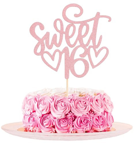 Birthday Cake Toppers 16th Cake Handmade Decorations Glitter Cheers to 16 Years Old Happy 16 Birthday for Girl 16 Sixteen Years Party Supplies Decorations (Rose Gold)