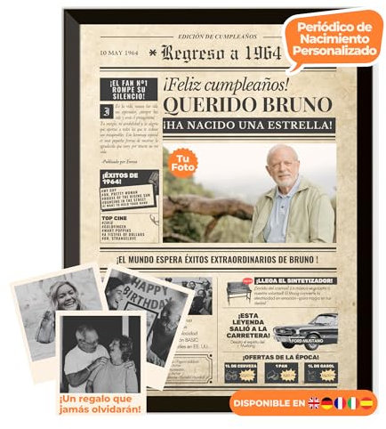Periódico de cumpleaños 1964 – póster personalizado año nacimiento con foto, nombre y mensaje – regalo original para hombre o mujer 61 años – estilo vintage con marco opcional – recuerdo inolvidable