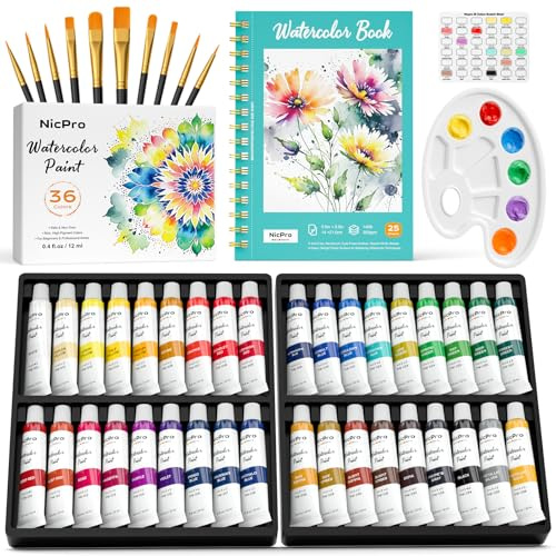 Nicpro Watercolour Paint Set, 36 Colors Watercolour Tube Set (12ml,0.4oz) with10 Paint Brushes, 25-Sheet Watercolor Paper Book, Palette, Water Color Painting Supplies for Artists Beginners Gift
