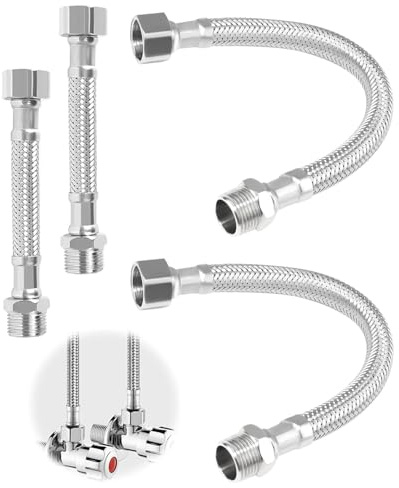 HUVZOR 4 Mangueras Flexibles 3/8, Acero Inoxidable 304, Manguera Blindada de 3/8 Pulgadas y Rosca Exterior, Extensión Flexible para Grifo, Baño, Inodoro y Cisterna (20cm/10 cm)