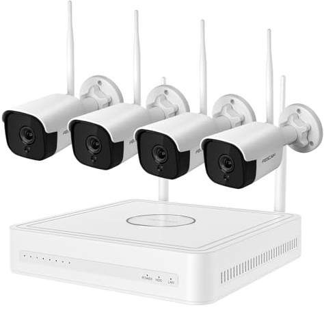 Foscam FN9108W-B4-2T Videoüberwachungsset für den Außenbereich, 4 Kameras (5 Megapixel), NVR-Rekorder mit 2 TB HDD, Nachtsicht 20 Meter, Human Detection, Wi-Fi 6 Dual Band, App-Benachrichtigungen
