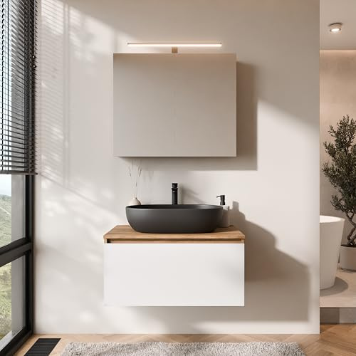 Planetmöbel Arisa Badmöbel Set Waschtisch mit Unterschrank | 80 cm, gold eiche weiß mit ARIA Spiegelschrank, Waschbecken 60 cm gold eiche schwarz, Raumsparsiphon