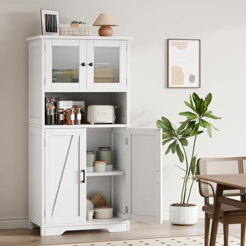 GarveeMore Alacena de Cocina con Puertas de Cristal y Estantes Ajustables, Mueble Auxiliar De Cocina Multifuncional para baño, Moderno en Madera Robusta, 60 * 30 * 128cm, Blanco