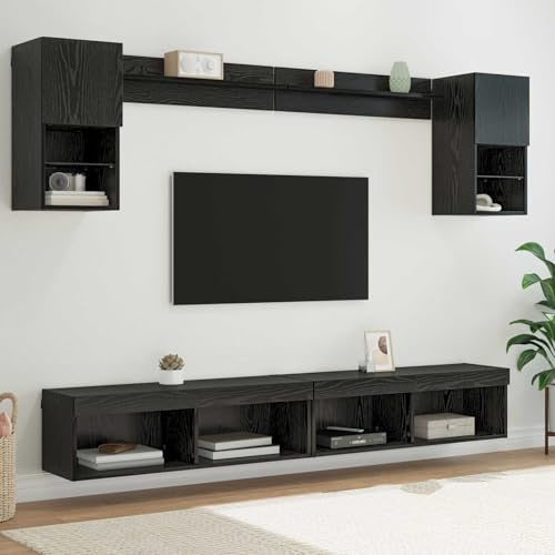 HETFTJN TV-Wandpaneel Schwarz Eiche 221 x 30 x 60 cm mit 6-teilig LED TV Möbel Set Modernes Lowboard und Regale Wandmontage platzsparend für Wohnzimmer