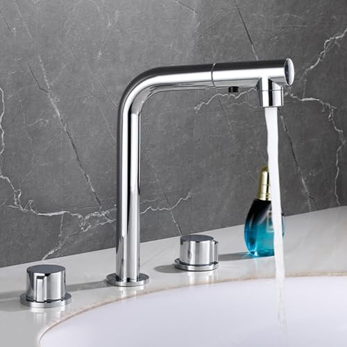 Miscelatore Lavabo Bagno 3 Fori Rubinetto con Doccetta Estraibile 2 Modalità Miscelatore Acqua Calda Fredda,cromato