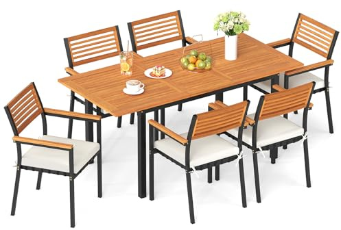 COSTWAY Gartenmöbel Set, 130/170 x 80 cm Gartentisch ausziehbar mit Schirmloch, 6 stapelbare Gartenstühle mit Kissen, Sitzgruppe für 6 Personen, Terrassenmöbel, Gartengarnitur, Sitzgarnitur, Essgruppe