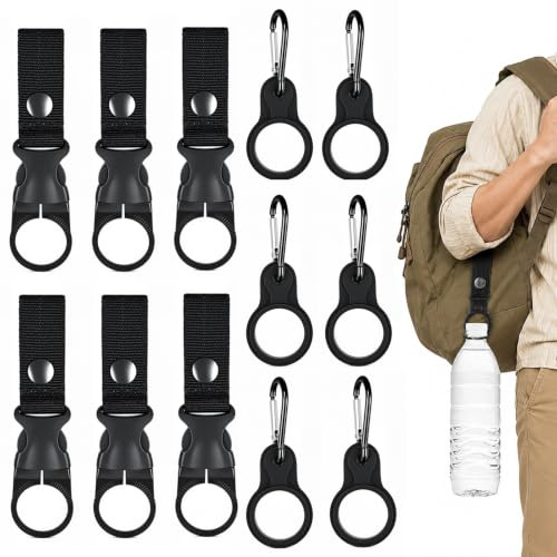 HX-pyahgtv 12 Stück Flaschenhalter Gürtel,Nylon Gürtel Wasserflaschenhalter Clip Schwarz Karabiner Flaschenhalter Set,Rucksack Zubehör für Camping Angeln Outdoor