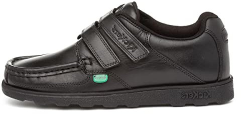 Kickers Boy's Fragma Moc Toe Twim Strap Leather School Shoe | Smart Everyday School Look | Hook & Loop Fastening, Cushioned for All-Day Wear, Black, 2.5 UK Child