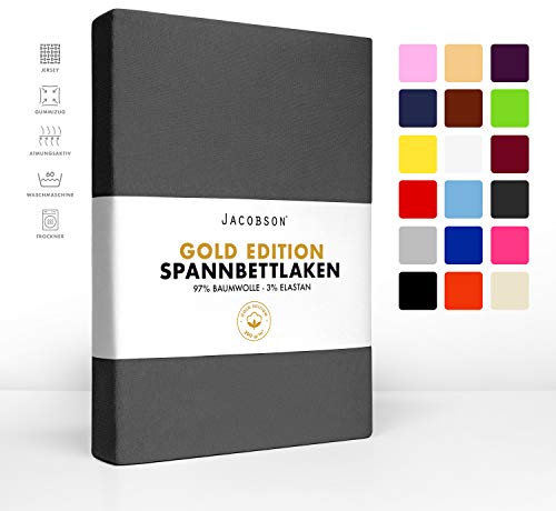 Jacobson Premium Spannbettlaken 200 g/m² Jersey Baumwolle mit Elasthan (120x200-130x200 cm, Anthrazit)