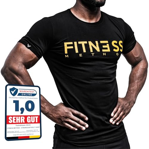 Fitness Method, Sport T-Shirt Herren, Slim-Fit Shirt bequem & hochwertig Männer, Rundhals & Tailliert, Training & Freizeit, Gym & Casual Workout Mann, 95% Baumwolle, 5% Elastan, (Schwarz - Gold M)