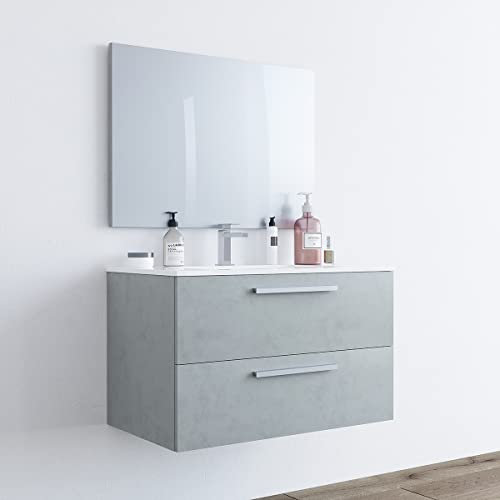 MarinelliGroup Mobile bagno 80 cm sospeso lavabo ceramica specchio 2 cassetti cemento 80 x 45 x 57 cm 305160L
