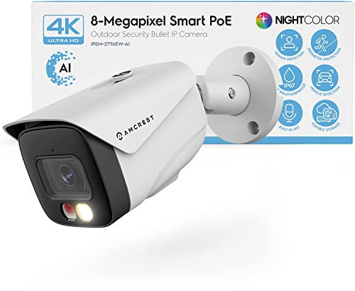 Amcrest 4K IP PoE AI Camera UltraHD 8MP Security Outdoor Camera, FOV 129°, 49ft Color Nightvision, Human & Vehicle Detection, IP67 Weatherproof, 4K (3840x2160) @15fps, White, IP8M-2796EW-AI