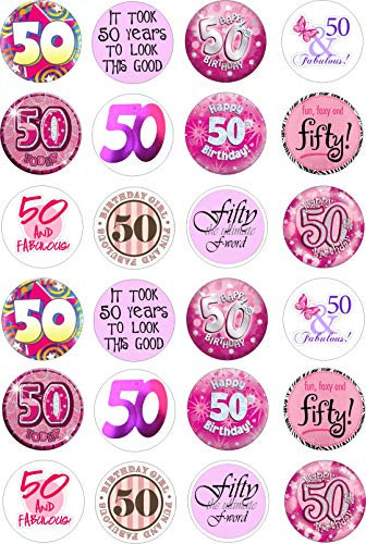 24 edible 50th birthday party female Cupcake Cake Toppers Wafer Rice Paper precut decoration