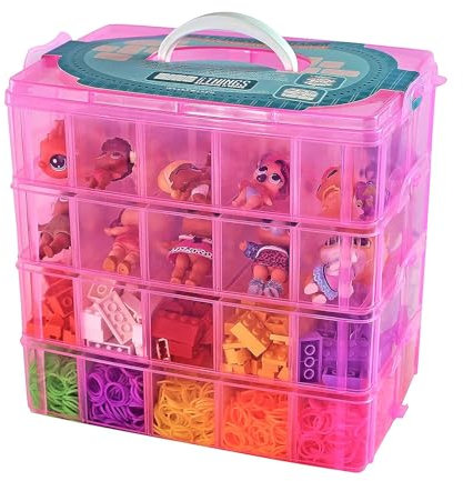 Bins & Things Bead Organizer with Adjustable Compartments - Durable Toy Organizers and Storage Solution for Dolls, Crafts, Mini Toy Figures, Jewelry and Beads - 4 Tier, 20 Compartments, Pink