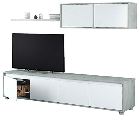Wohnzimmer TV-Ständer mit vier Türen, mit Hängeschrank und Regal, Betonfarbe und Artikweiß, TV-Schrankmaß 200 x 43 x 41 cm Hängeschrank 105 x 35 x 29 cm Regal 95 x 3 x 21 cm