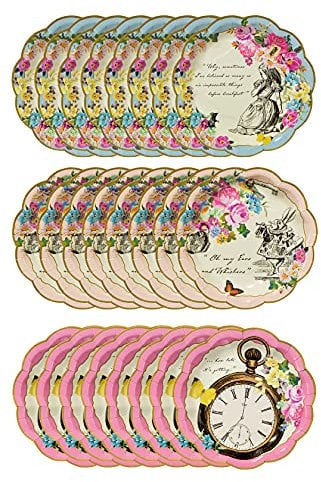 Talking Tables 24er-Pack Pappteller Blumen Bunt mit Alice im Wunderland Motiv | Zubehör für Hutmacher-Teeparty, Geburtstag, Babyparty, Muttertag, Mehrfarbige Einwegteller, 18 Zentimeter