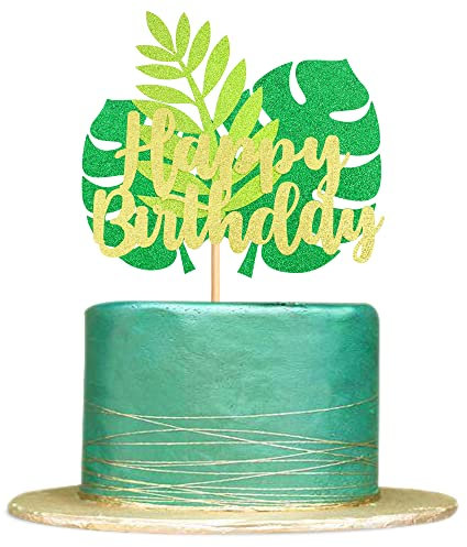 Blumomon 1Pc Tropical Palm Leaves Happy Birthday Cake Topper Green Glitter Hawaii Luau Plant Leaf Cake Pick Tropical Theme Baby Shower Birthday Party Decorations Supplies