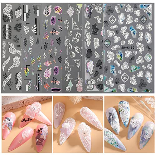 MWOOT 5D Fleurs Nail Stickers Ongles, Auto-Adhésif Autocollant d'Art d'Ongle avec Stéréoscopique Gaufré Désign, Ruban Nail Art Autocollants pour DIY Manucure Acrylique Ongle Décoration (6 Feuilles)