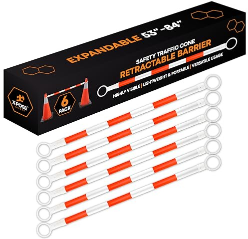 Xpose Safety Reflective Retractable Barrier for Traffic Cones – 6 Pack, Orange/White, Expandable 53″–84″ for Construction, Parking & Crowd Control