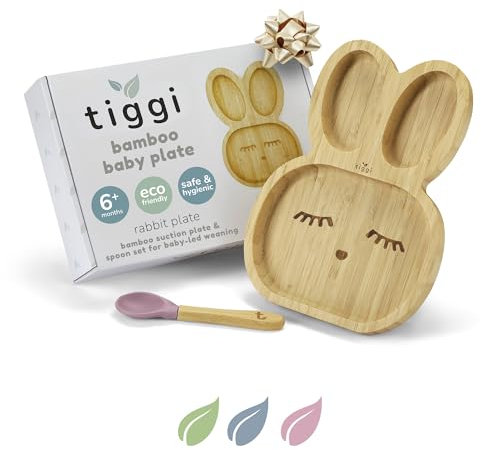 Tiggi Bamboo Baby Plate Set - Bamboo Weaning Set from 6+ Months | Ideal Toddler Plates | Strong Grip for Less Mess | Suction Plate Baby (Rabbit, Pink)