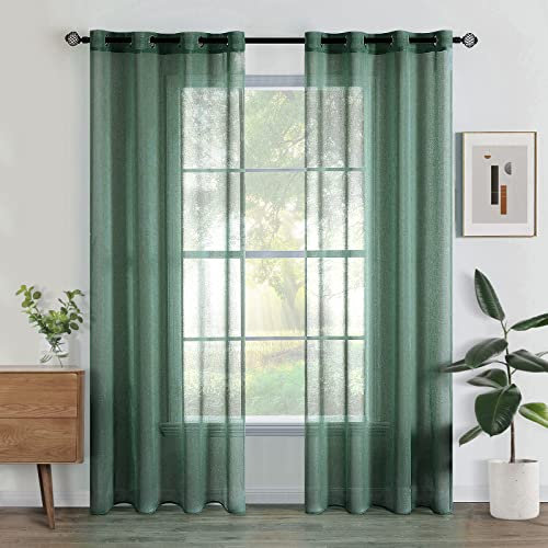 Woaboy Voile Gardinen Vorhänge Transparent Wohnzimmer mit Ösen Stores Gardinen Schlafzimmer Ösenvorhang Scheibengardine Schlaufengardinen Modern 2er Set 140x245 cm (B x H) Dunkelgrün