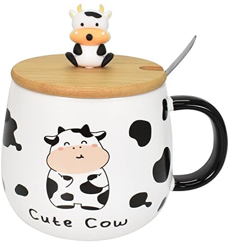 Kuh Tasse Kaffeetasse Kuh Becher 480 ml, mit Deckel, Edelstahl Löffel, Keramik Kaffeetasse, Cute Groß Tee Kaffee Becher Tassen Süße Geburtstagsgeschenk für Freund