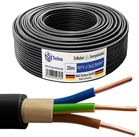 M&G Techno 20m NYY-J 3x2,5 mm² Erdkabel Elektrokabel Beton und Freien Kupfer Made in Germany