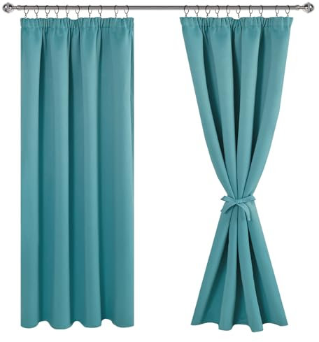 JIUZHEN Vorhang Blickdicht Gardinen mit kräuselband Verdunklungsvorhänge Vorhänge Wohnzimmer Gardinen Schlafzimmer Thermovorhang Türkis, H183 x B167 cm,2er Set