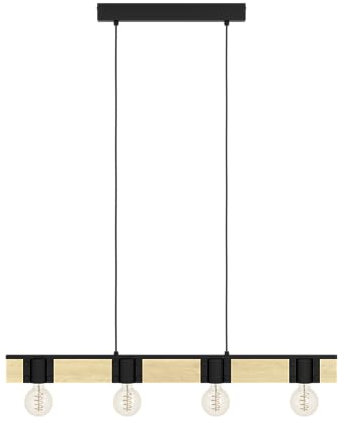 EGLO Pendellampe Bailrigg, 4-flammige Pendelleuchte über Esstisch, FSC100HB, Hängeleuchte aus Metall in Schwarz und Holz in Natur, Hängelampe mit E27 Fassung, L 90 cm