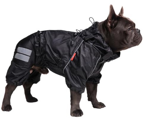 Hundebekleidung: Regenmantel, Trenchcoat, Overall für mittelgroße Hunderassen wie Französische Bulldoggen und Mops. Farbe: Schwarz. Geschlecht: Unisex (L)