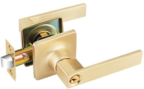 EHOMEWARE 1 Pack Entry Door Handles with Lock and Keys Brushed Brass, Gold Door Knobs with Keys for Bedroom or Living Room, Interior or Exterior Use