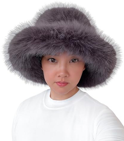 Lina & Lily Grand Chapeau Bob Hiver Femme à Larges Bords en Fausse Fourrure Poils Longs (Gris Foncé)