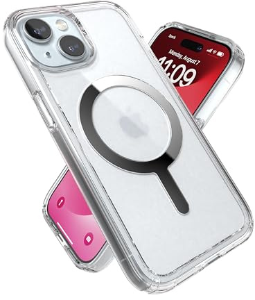 Speck Klare iPhone 15 Hülle - Schlank, gebaut für MagSafe, Fallschutz - für iPhone 15, iPhone 14 & iPhone 13 - Kratzfest, Anti-Vergilbung, 6,1 Zoll Handyhülle - GemShell Clear/Chrome