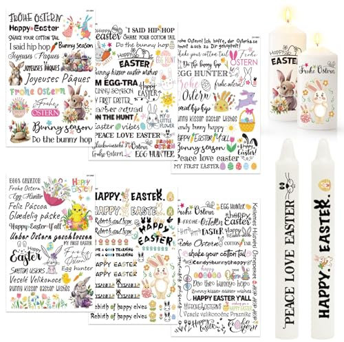 Lets Joy Rub On Sticker Ostern, 6 Stück Kerzentattoos Ostern, 14.8 x 21cm Ostern Frühling Transferaufkleber, Ostereier Hasen Osterkerzen Tattoo Aufkleber, Kerzen Glas DIY Osterdeko Party-Thema