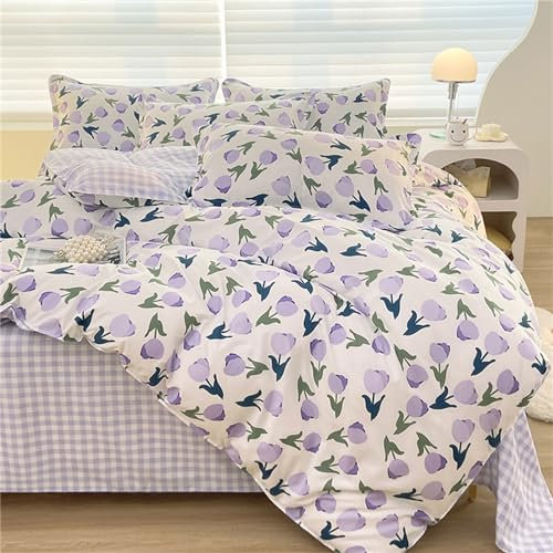 Odot Floreale Set Copripiumino 4 Pezzi, Set di Biancheria da Letto con Copripiumini, Lenzuola sopra e Federe, Set Biancheria da Letto Singolo Matrimoniale King (200x230cm,Fiori di Tulipano Viola)