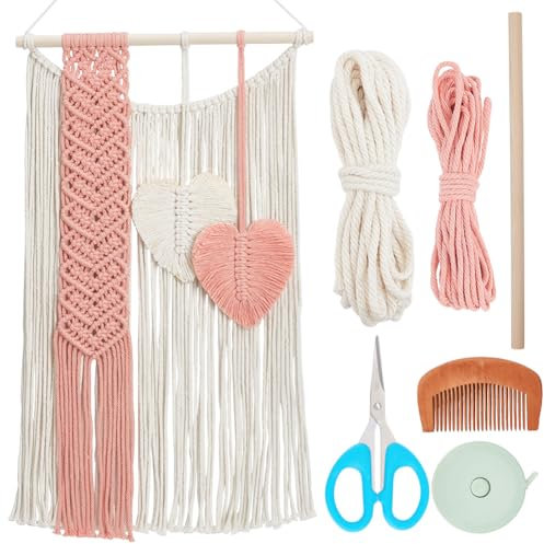 FREEBLOS Makramee Herz Wandbehang Kit DIY Makramee Quaste Wandteppich Herz Makramee Kits für Dekoration Vollständiger Makramee Bausatz Macrame Wall Hanging Kit für Anfänger mit Anleitung