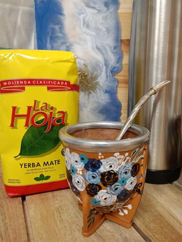 Kit Mate y Bombilla. Mate Argentino Torpedo de Cristal forrado en cuero y pintado a mano. Marrón con flores. Con bombilla. Mate. Argentina. Original. Diseños propios. Personalizados.
