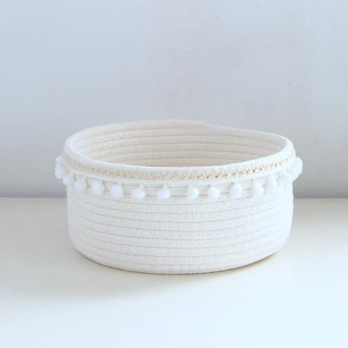 Wambere 1 Stück 17 x 9 cm Aufbewahrungskörbe aus Baumwollseil,Korb Rund Groß,Geflochten Körbe,Aufbewahrungskorb mit kleinen Fellknäueln,zur Aufbewahrung von Kosmetika und Snacks,Milchig-weißes B