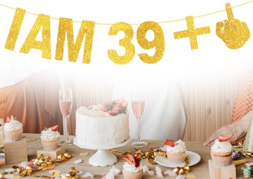 Lhbwhiz 40. Geburtstag Girlande,40 jahre Jubiläum Banner,40er Lustig Deko Geburtstagsgirlande,39+1 Frauen Männer Happy Birthday Glitzerbanner,Glitter Geburtstagsdeko(Gold)